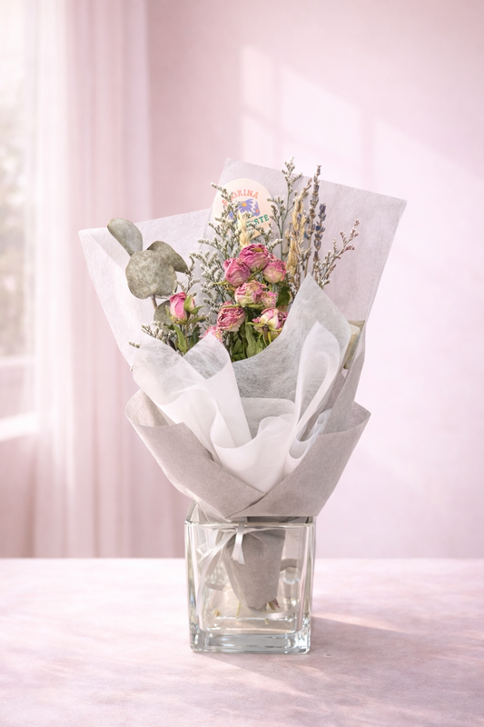 pink roses with lavender and eucalyptus