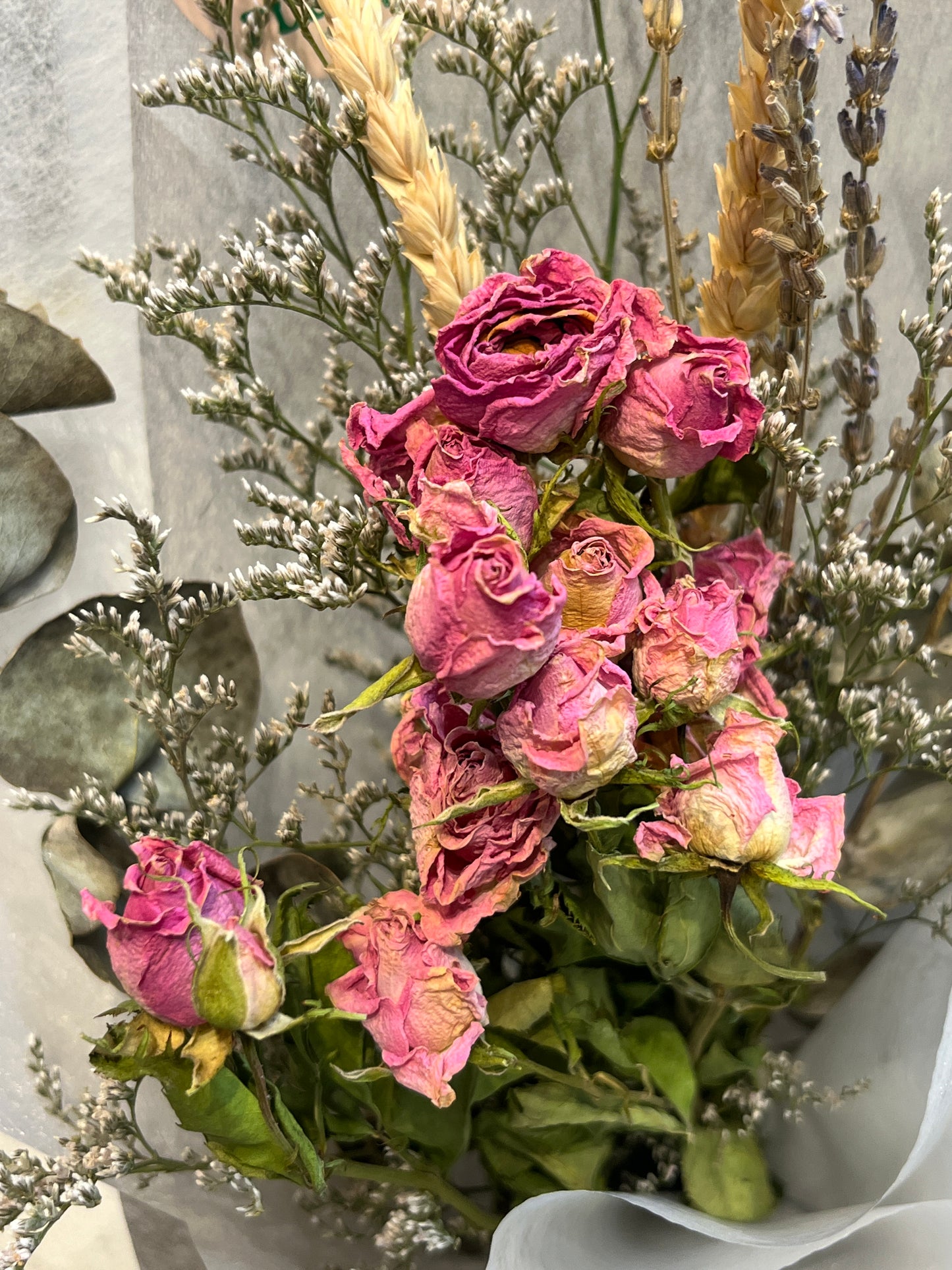 pink roses with lavender and eucalyptus