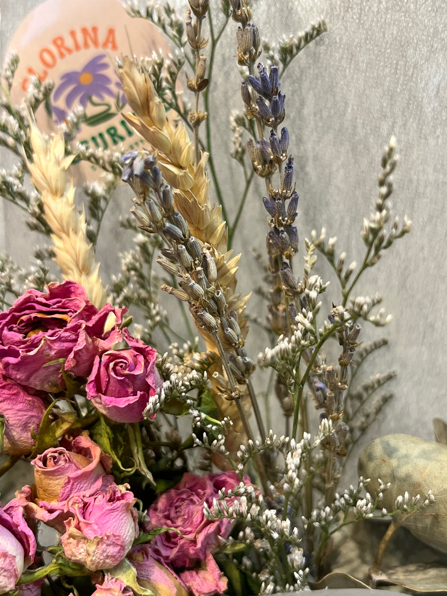 pink roses with lavender and eucalyptus